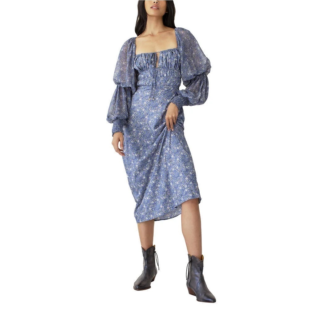 Free People Lavender-Blue Floral Square Neck Midi Dress